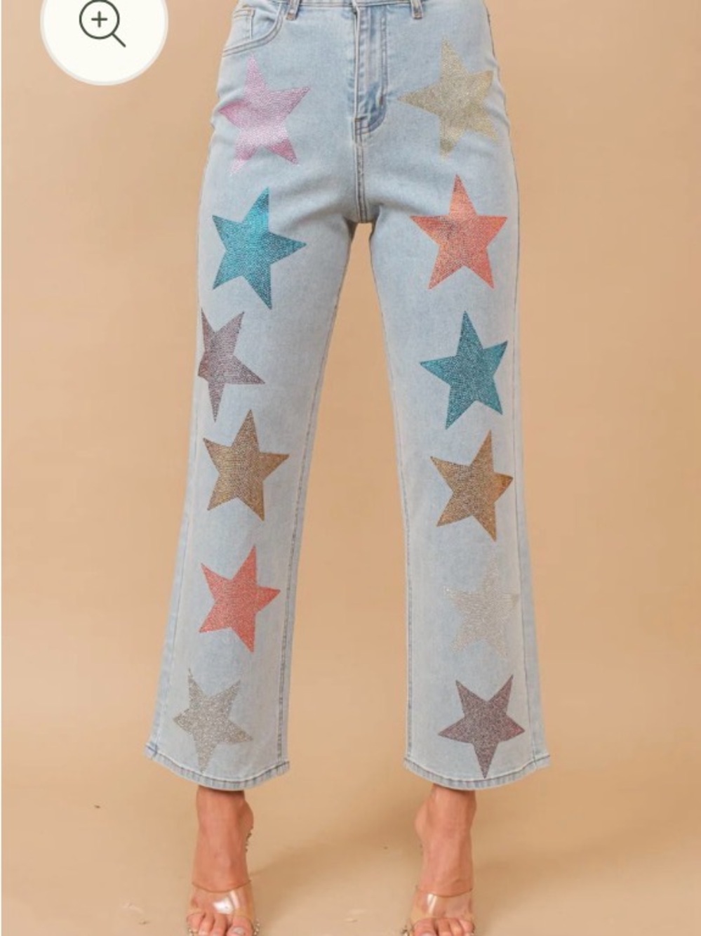 Light Blue High-Rise Wide Leg Blue B Jeans with Multicolor Star Rhinestones
